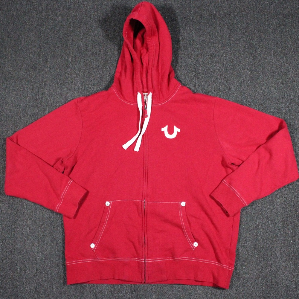 True Religion Zip Up Hoodie Mens 2XL Red Excellent World Tour Buddha Logo